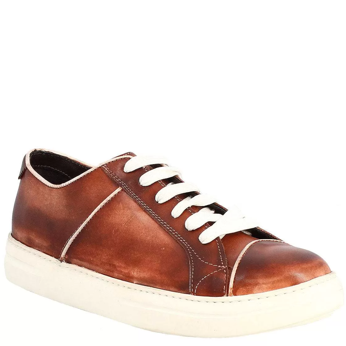 Leonardo Men'S Vintage Brown Leather Sneakers Made And Colored By Hand Shop