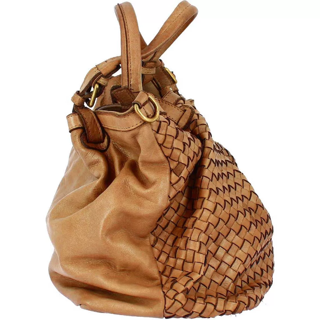 Leonardo Petrarca Women'S Bag Handmade In Tan Woven Leather With Shoulder Strap Fashion