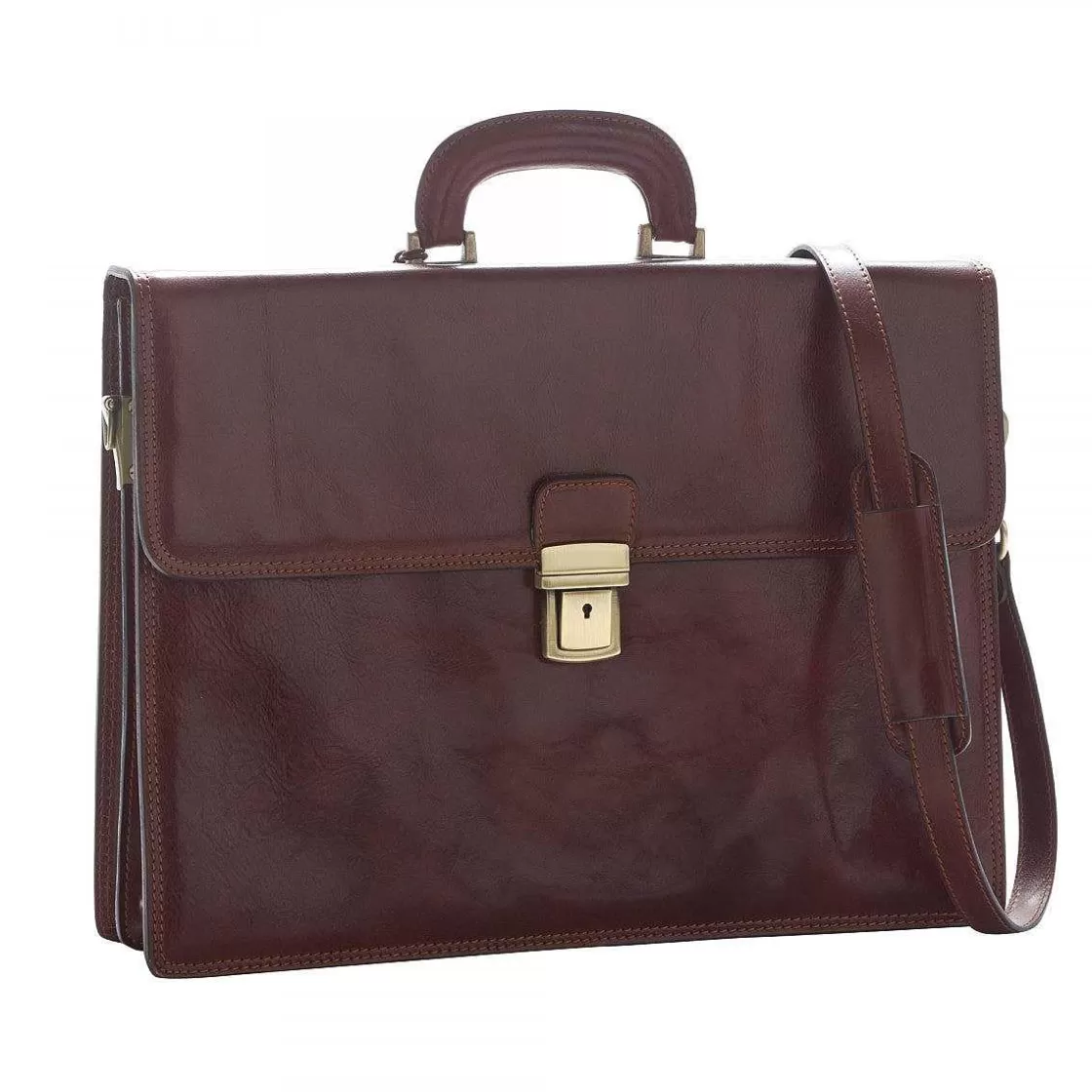 Leonardo Professional Briefcase In Full Grain Leather With Flap Closure, Adjustable Shoulder Strap, Double Compartment Cheap