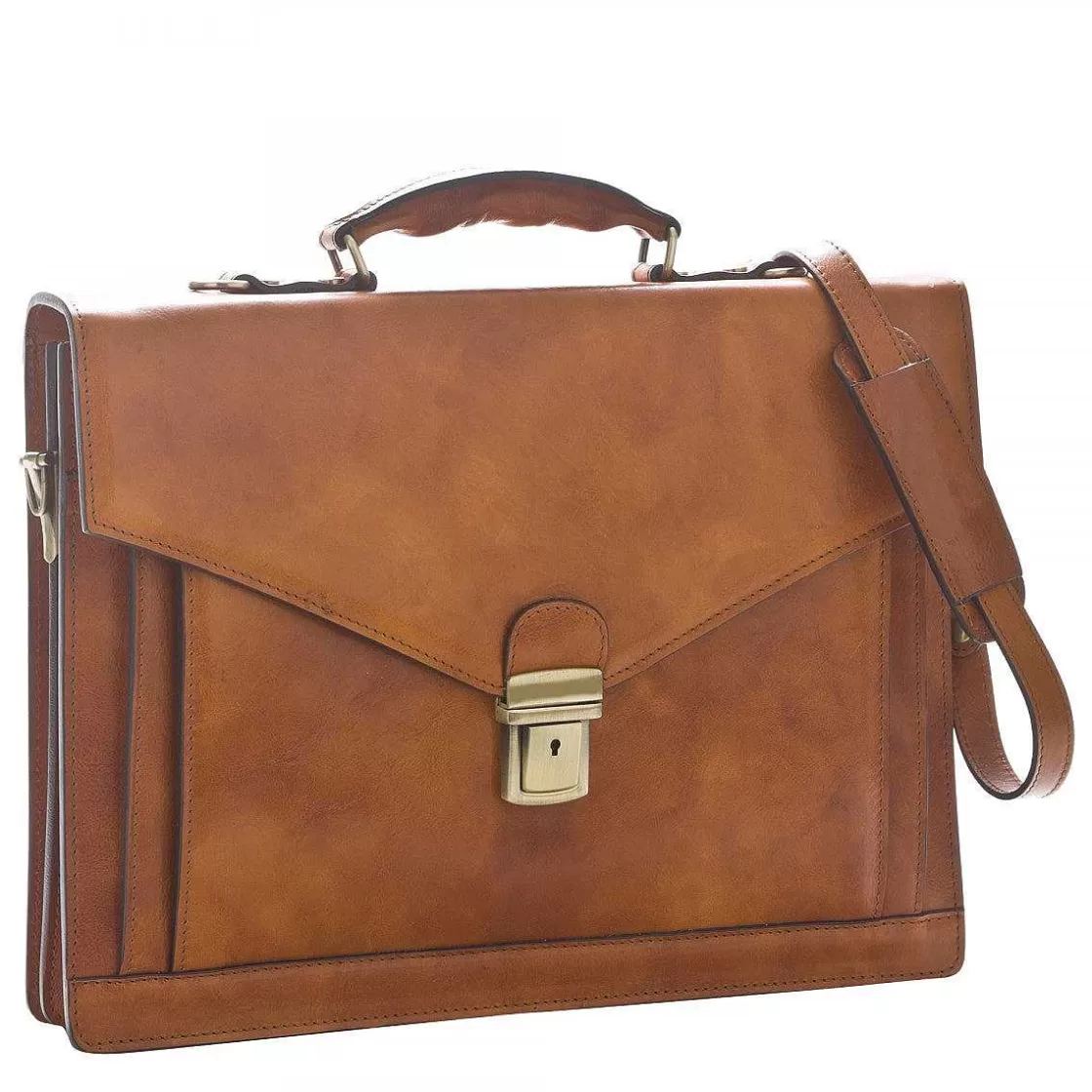 Leonardo Professional Briefcase In Full-Grain Leather With Three Compartments, Front Pocket And Rear Adjustable Shoulder Strap Outlet