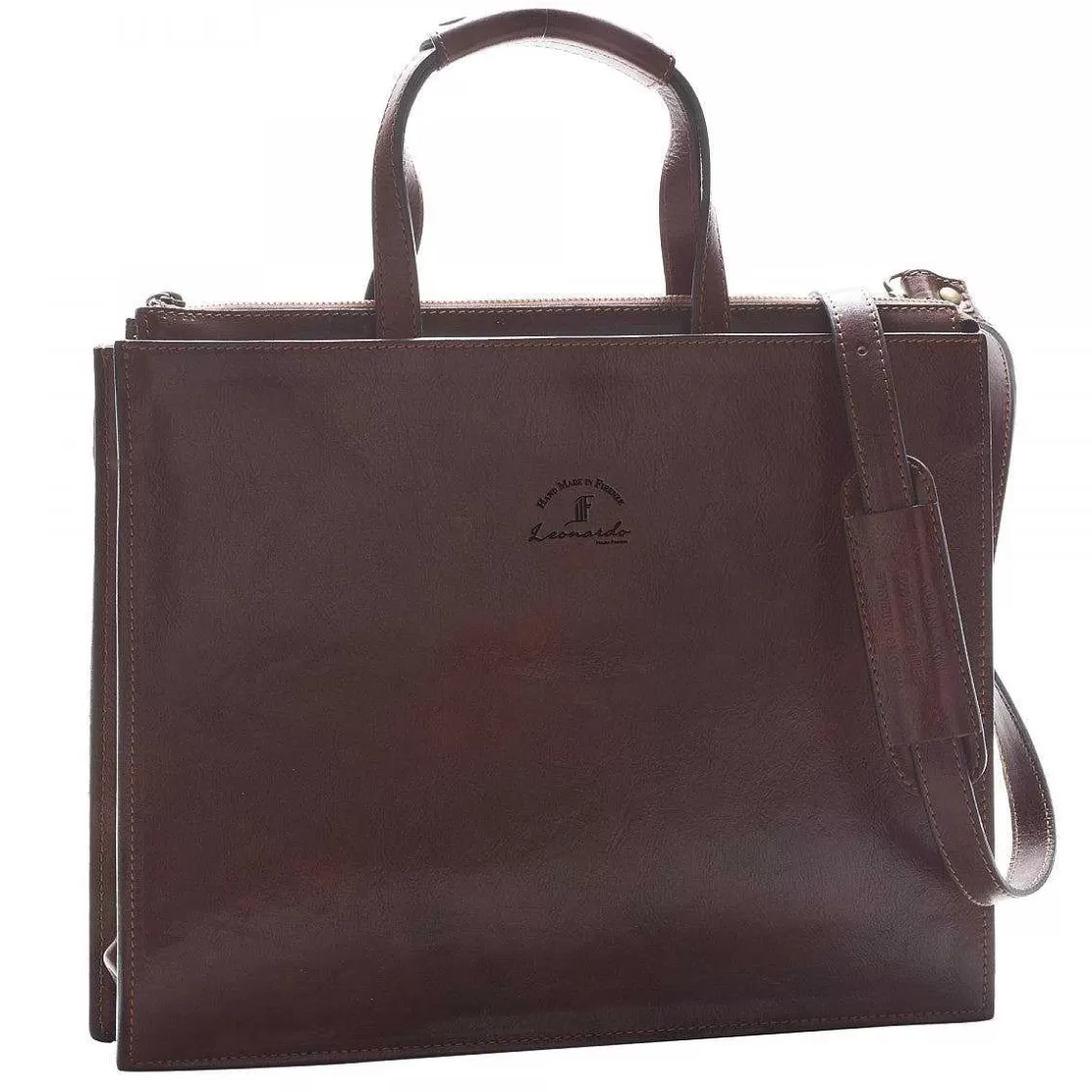 Leonardo Satchel Shopping Bag In Full-Grain Leather With Zip, Three Compartments And Adjustable Shoulder Strap New