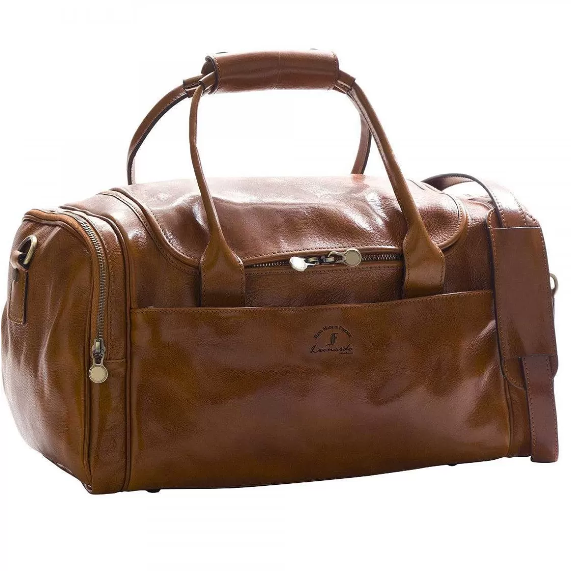 Leonardo Small Travel Bag In Full Grain Leather With Double Zip, Adjustable And Removable Shoulder Strap Store