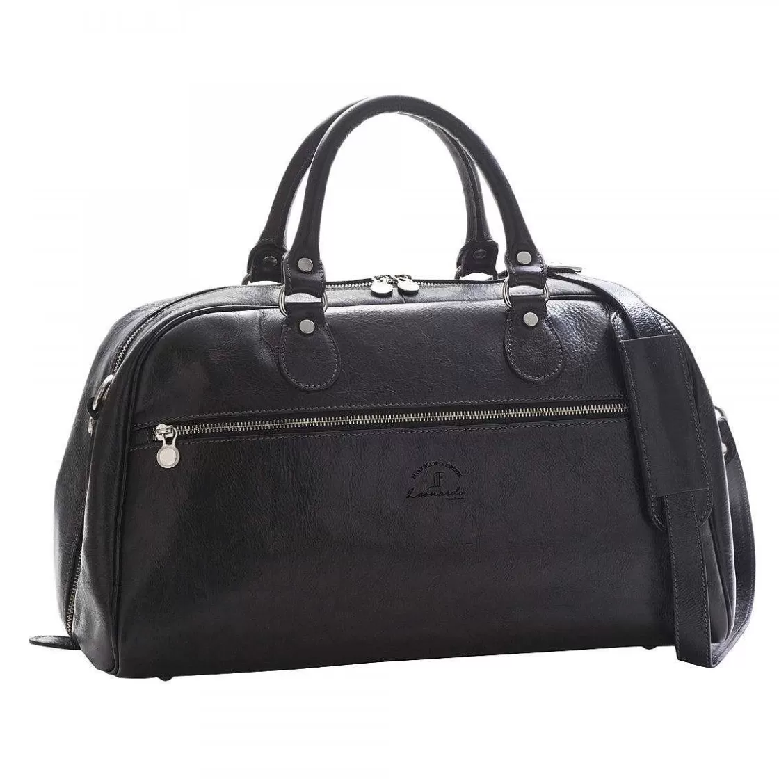 Leonardo Small Travel Bag In Full Grain Leather With Double Zip Front Pocket And Adjustable Shoulder Strap Fashion