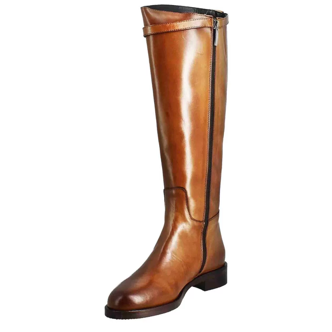 Leonardo Smooth Women'S Knee-High Boot With Low Heel In Tobacco-Colored Leather New