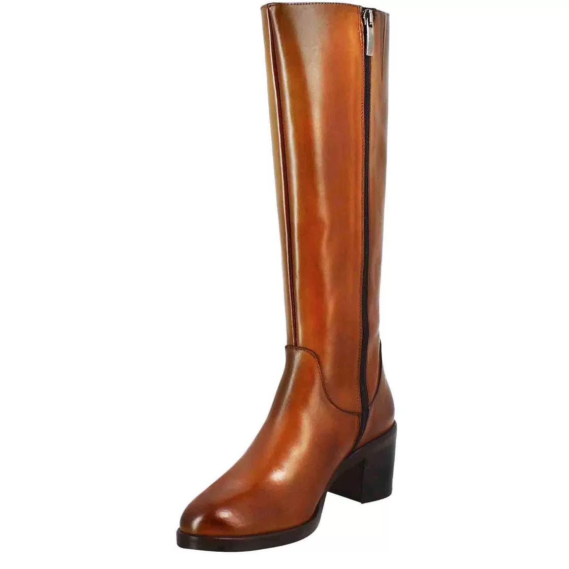 Leonardo Smooth Women'S Knee-High Boot With Medium Heel In Brown Leather Store