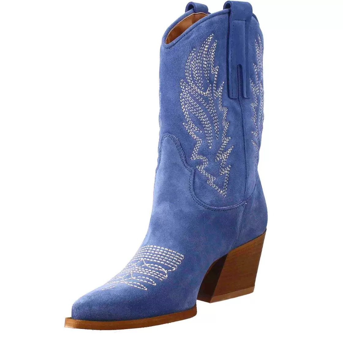 Leonardo Texan Women'S Ankle Boot In Light Blue Suede With Embroidery. Discount