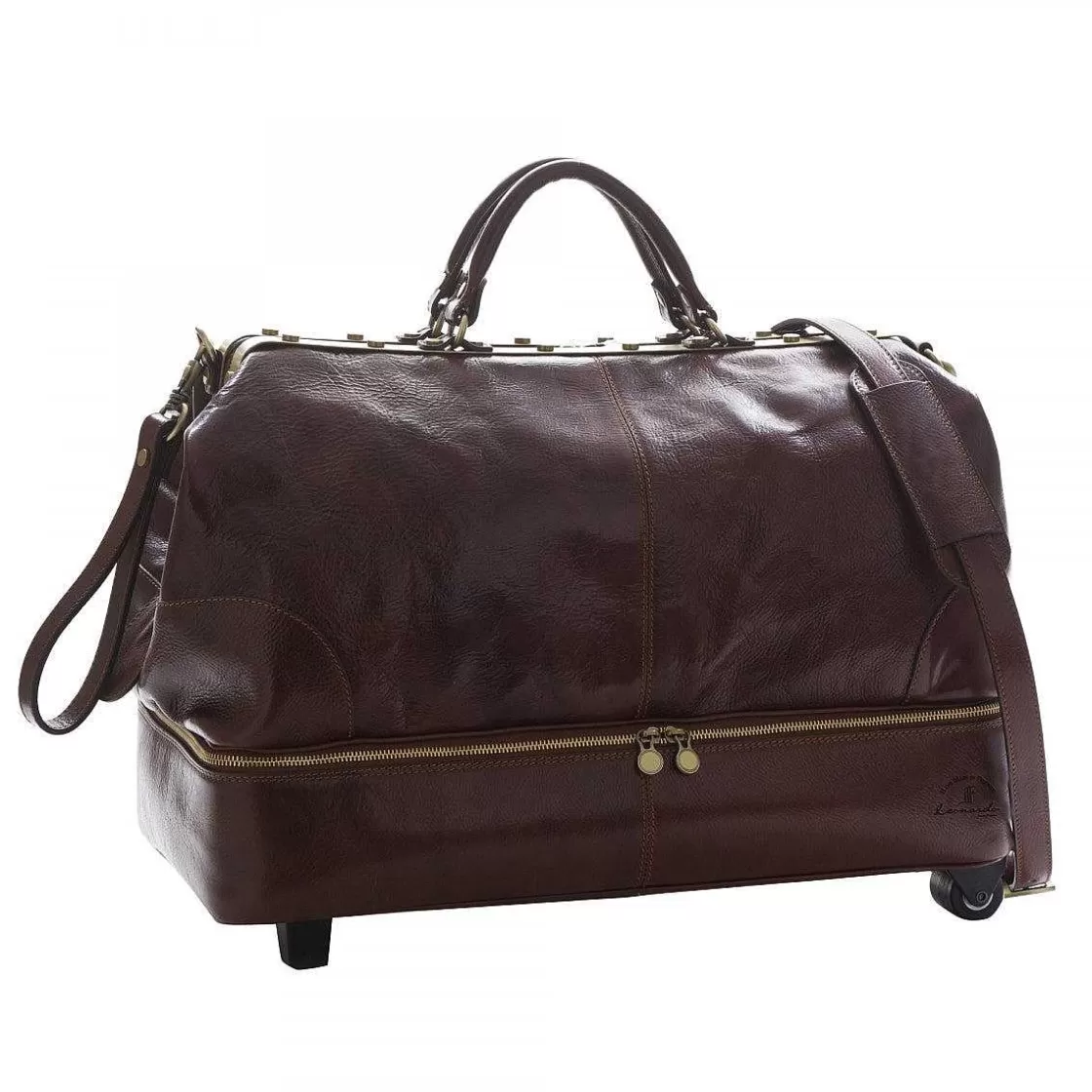 Leonardo Trolley Case In Full Grain Leather With Double Zip And Adjustable Shoulder Strap Cheap