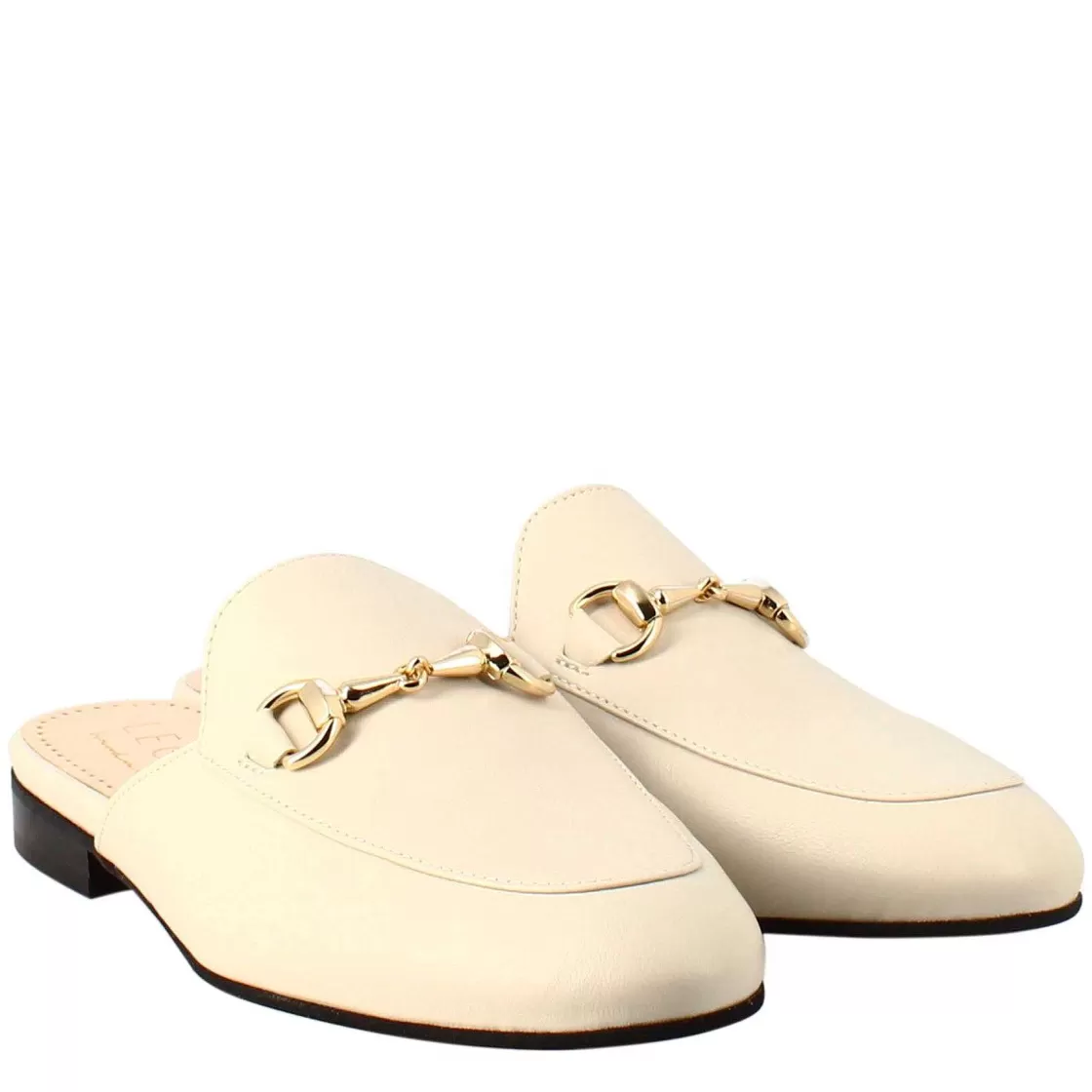 Leonardo White Sabot With Golden Buckle And Real Leather Sole Outlet