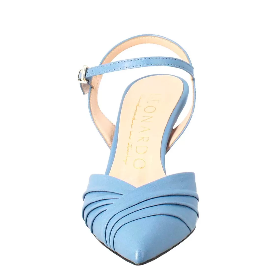 Leonardo Woman'S Pointed Toe Sandal In Light Blue Pleated Leather With High Heel Outlet