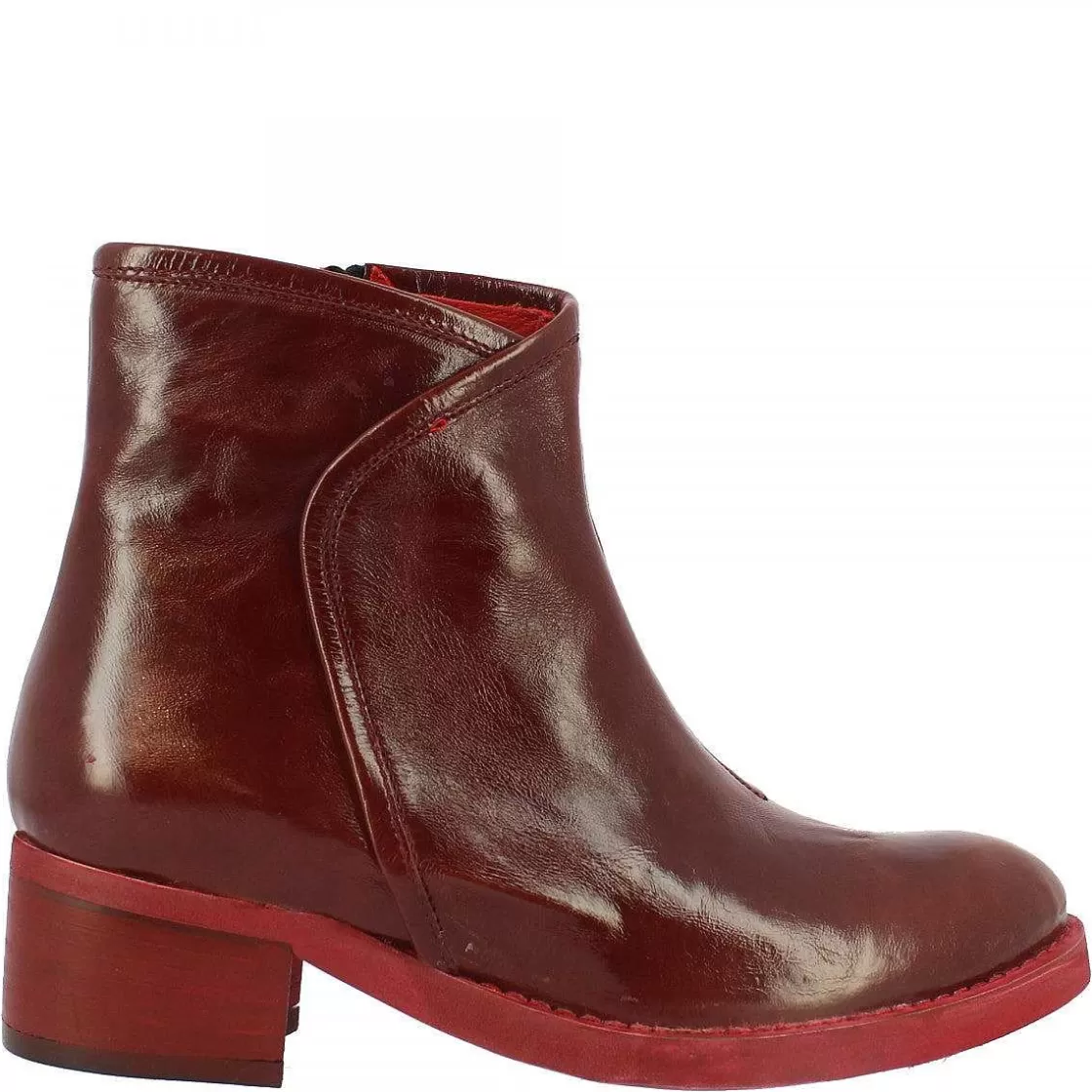 Leonardo Women'S Ankle Boots In Red Calf Leather With Side Zip Handmade Cheap