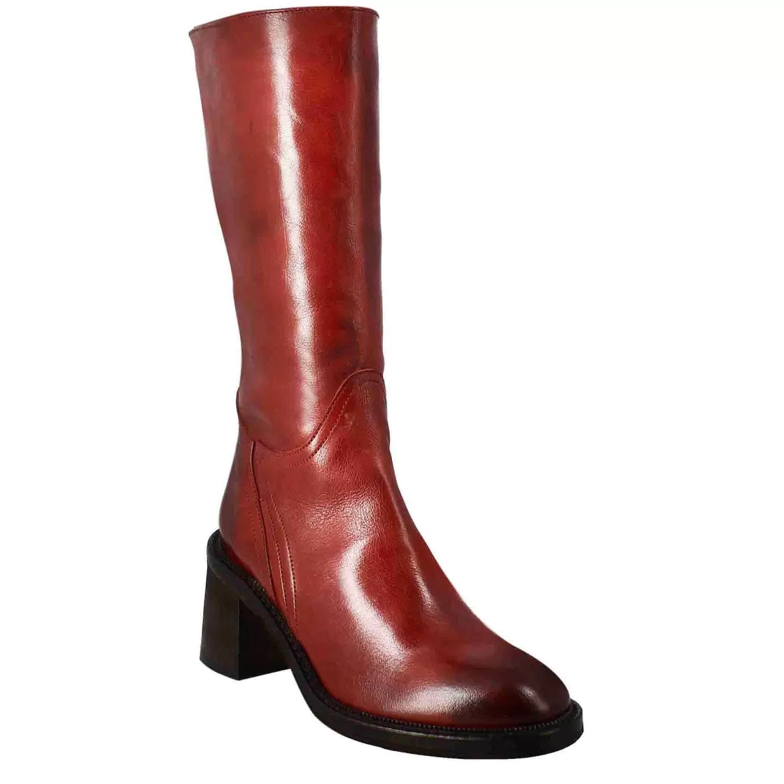 Leonardo Women'S Calf-High Diver Boot With Heel In Red Washed Leather Cheap