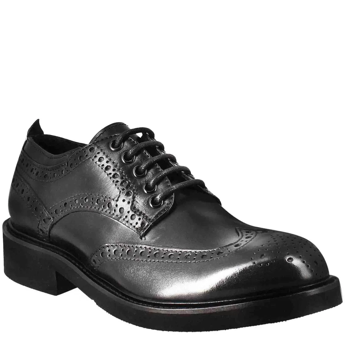 Leonardo Women'S Derby With Paupa Brogue Details In Black Washed Leather Discount