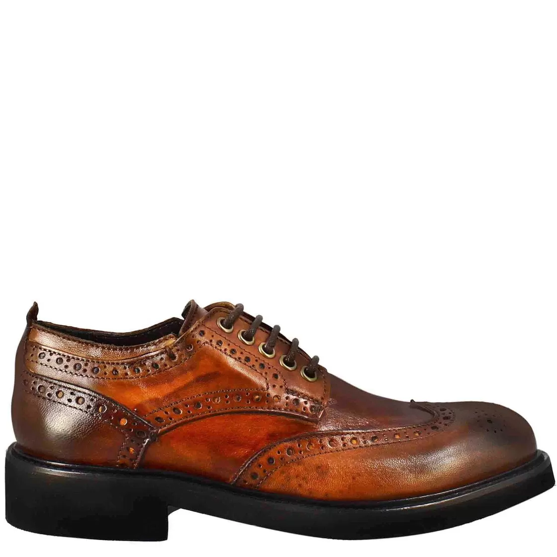 Leonardo Women'S Derby With Paupa Brogue Details In Dark Tan Washed Leather Outlet