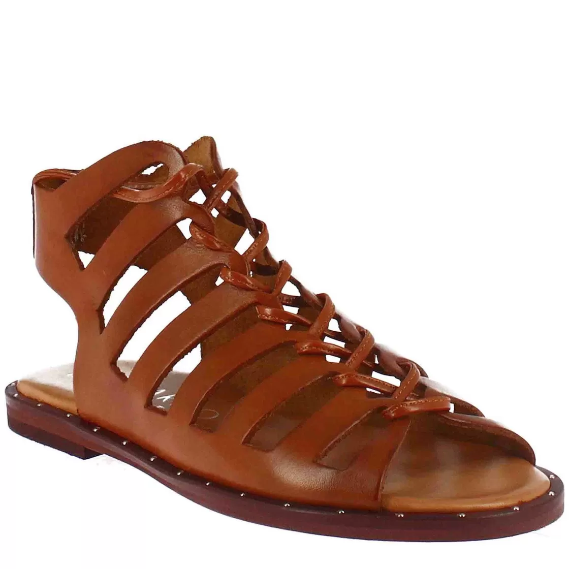 Leonardo Women'S Gladiator Sandal With Handmade Laces In Brown Leather New