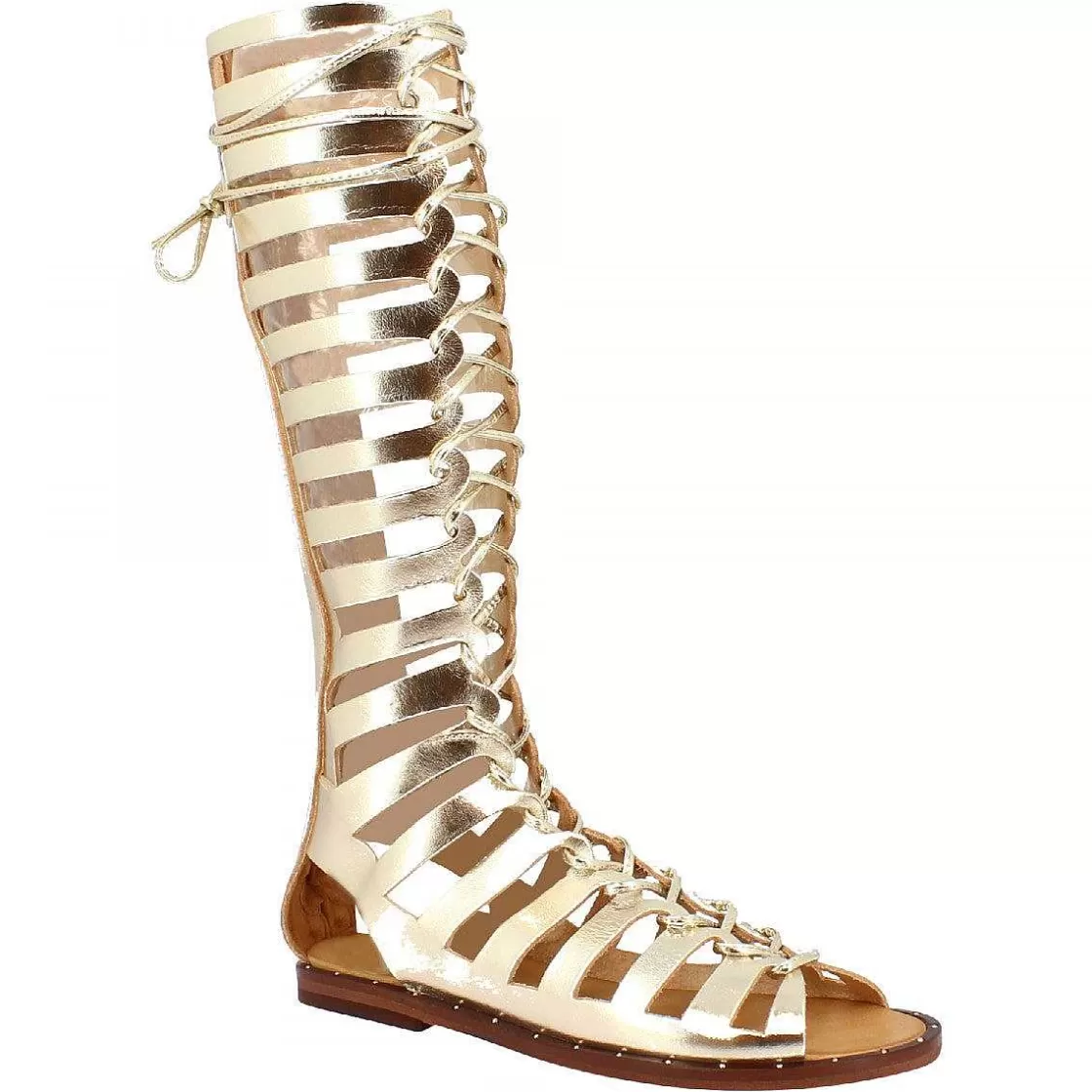 Leonardo Women'S Handmade Flat Gladiator Sandals In Platinum Laminated Leather With Zip Fashion
