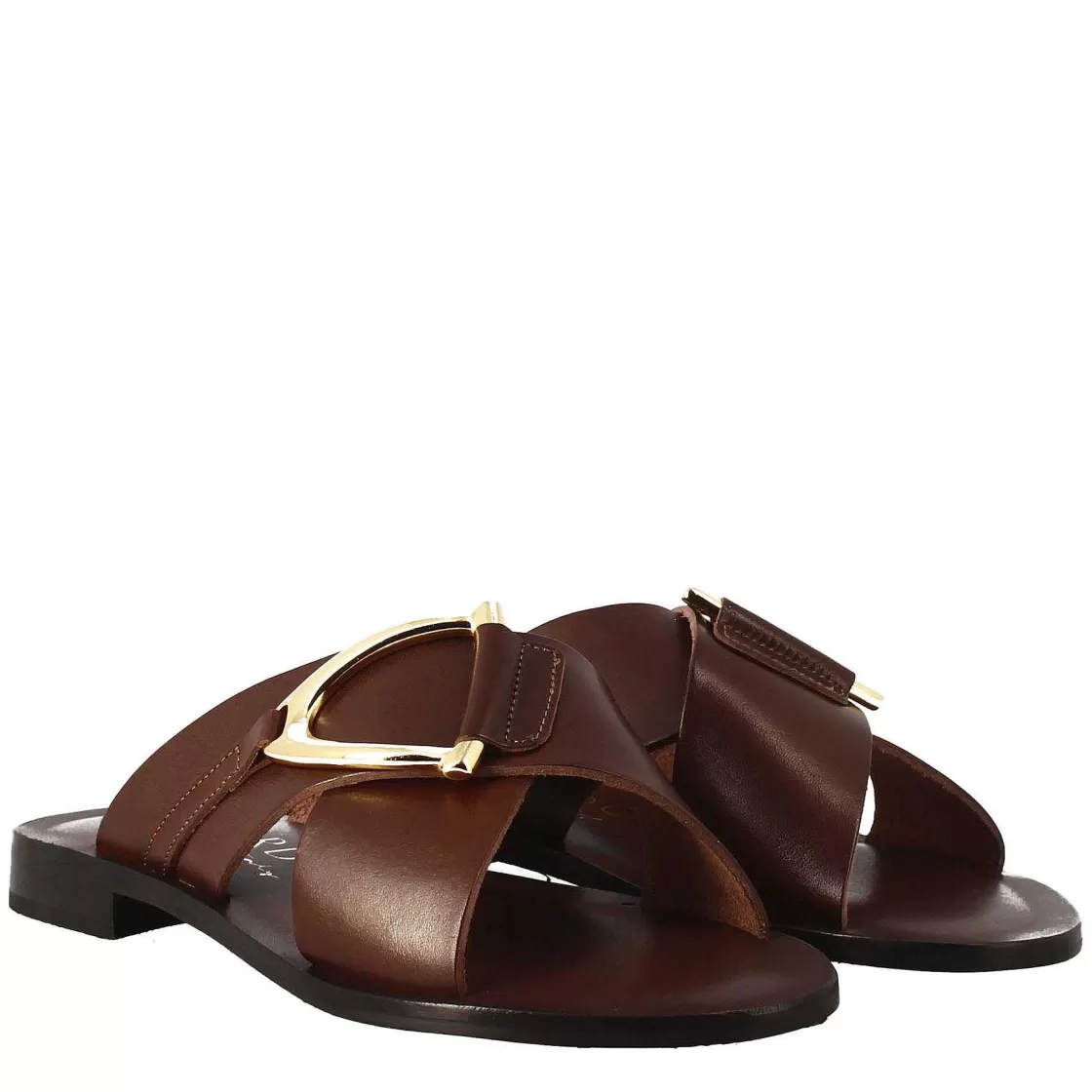 Leonardo Women'S Handmade Flat Slipper Sandals In Tan Leather With Golden Buckle Discount