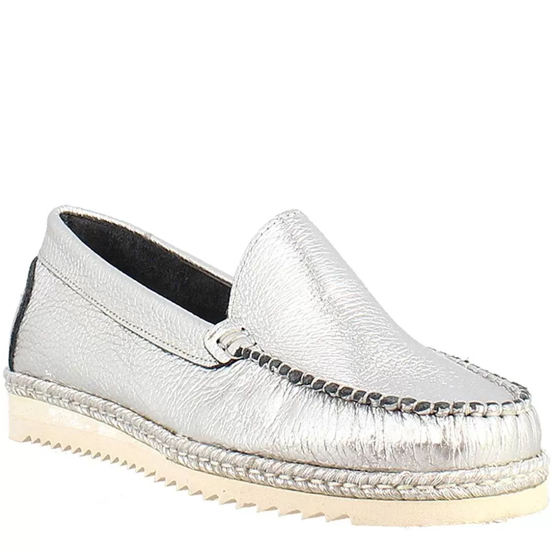 Leonardo Women'S Handmade Round Toe Loafers In Silver Leather Sale