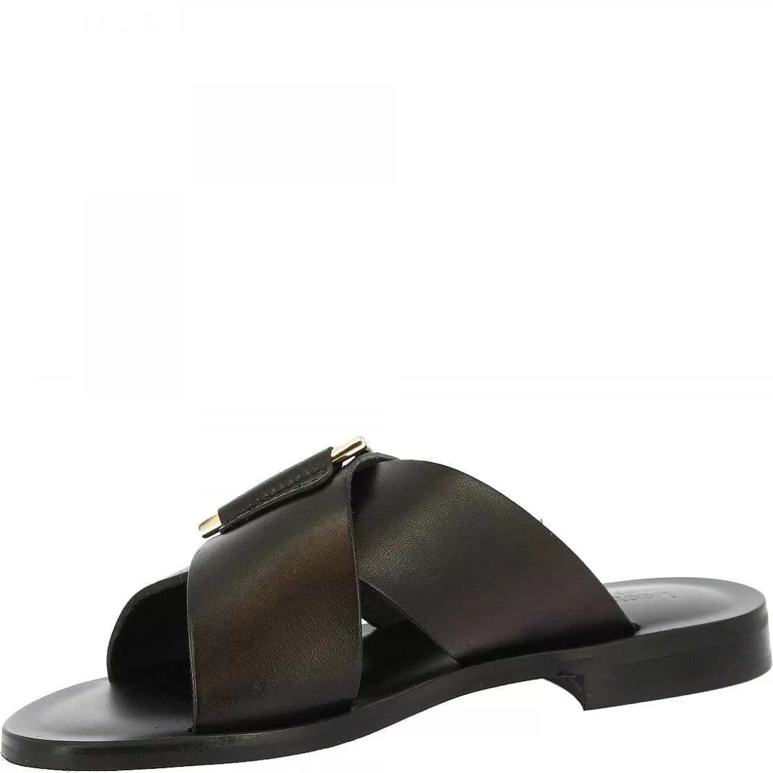 Leonardo Women'S Handmade Slipper Sandals In Black Leather With Golden Buckle Online