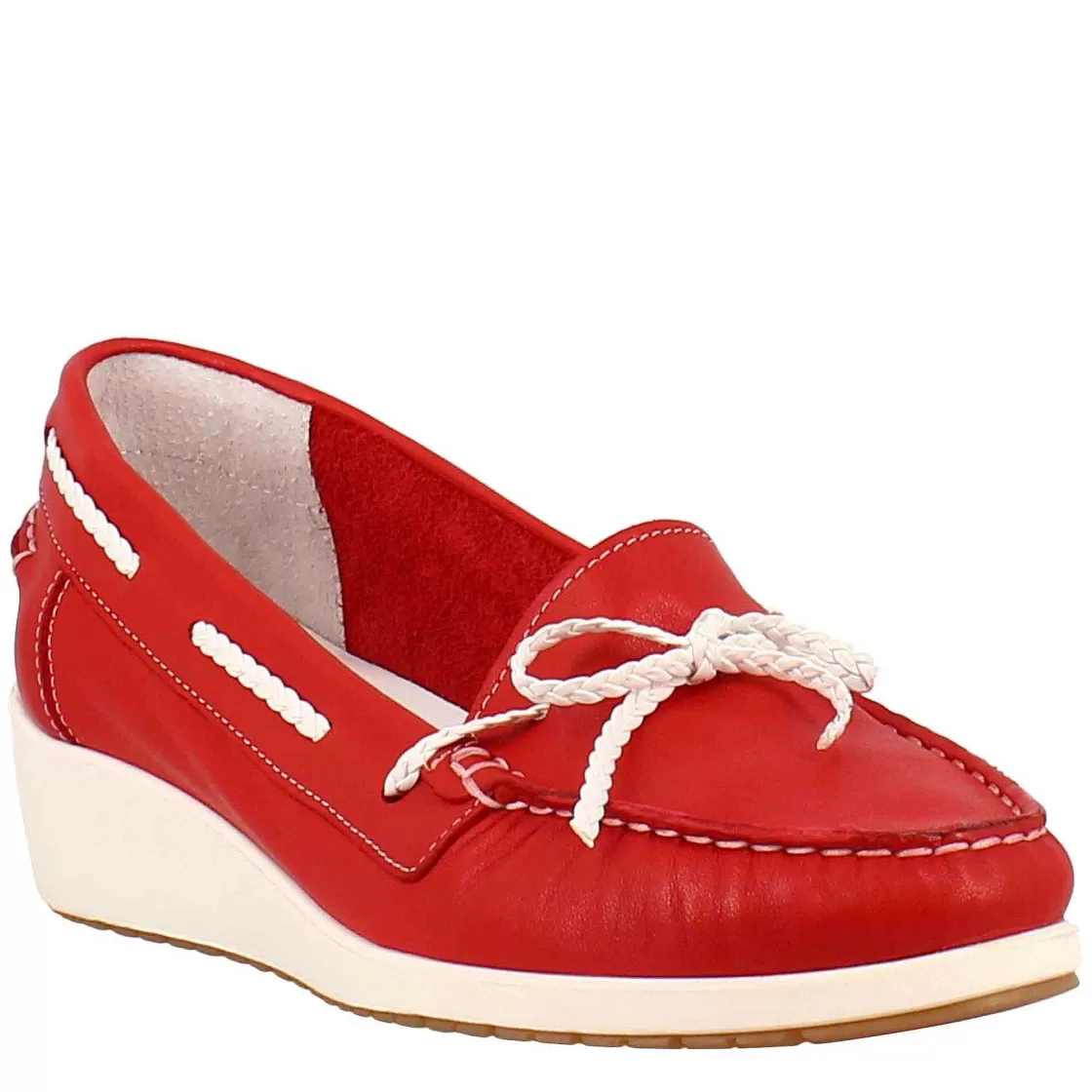 Leonardo Women'S Handmade Wedges Loafers In Red Leather Flash Sale