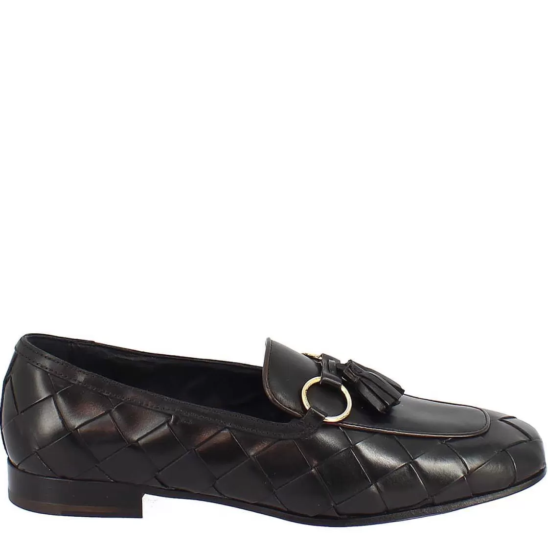 Leonardo Women'S Loafer In Black Woven Leather With Buckle And Tassels Discount