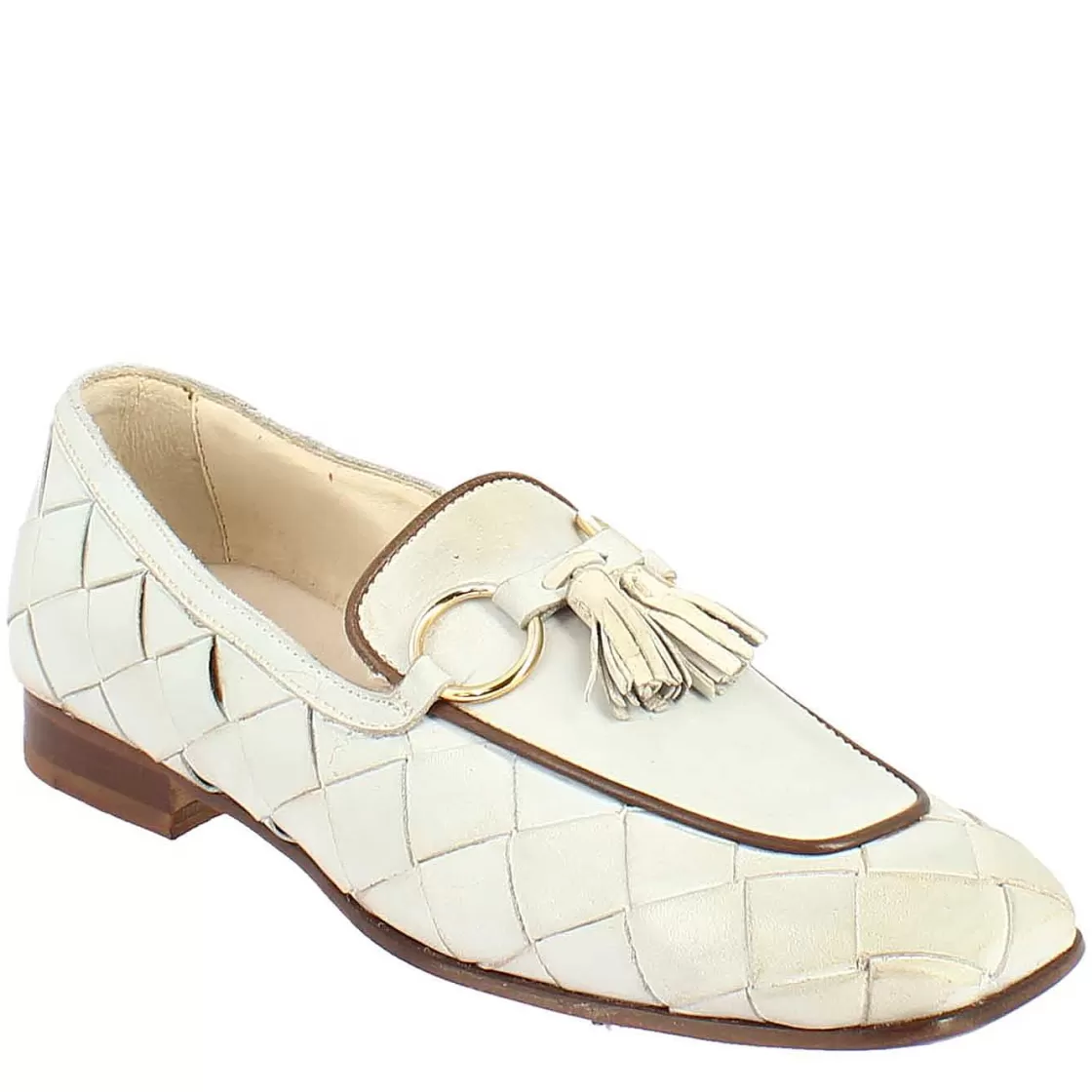 Leonardo Women'S Loafer In White Woven Leather With Buckle And Tassels Cheap