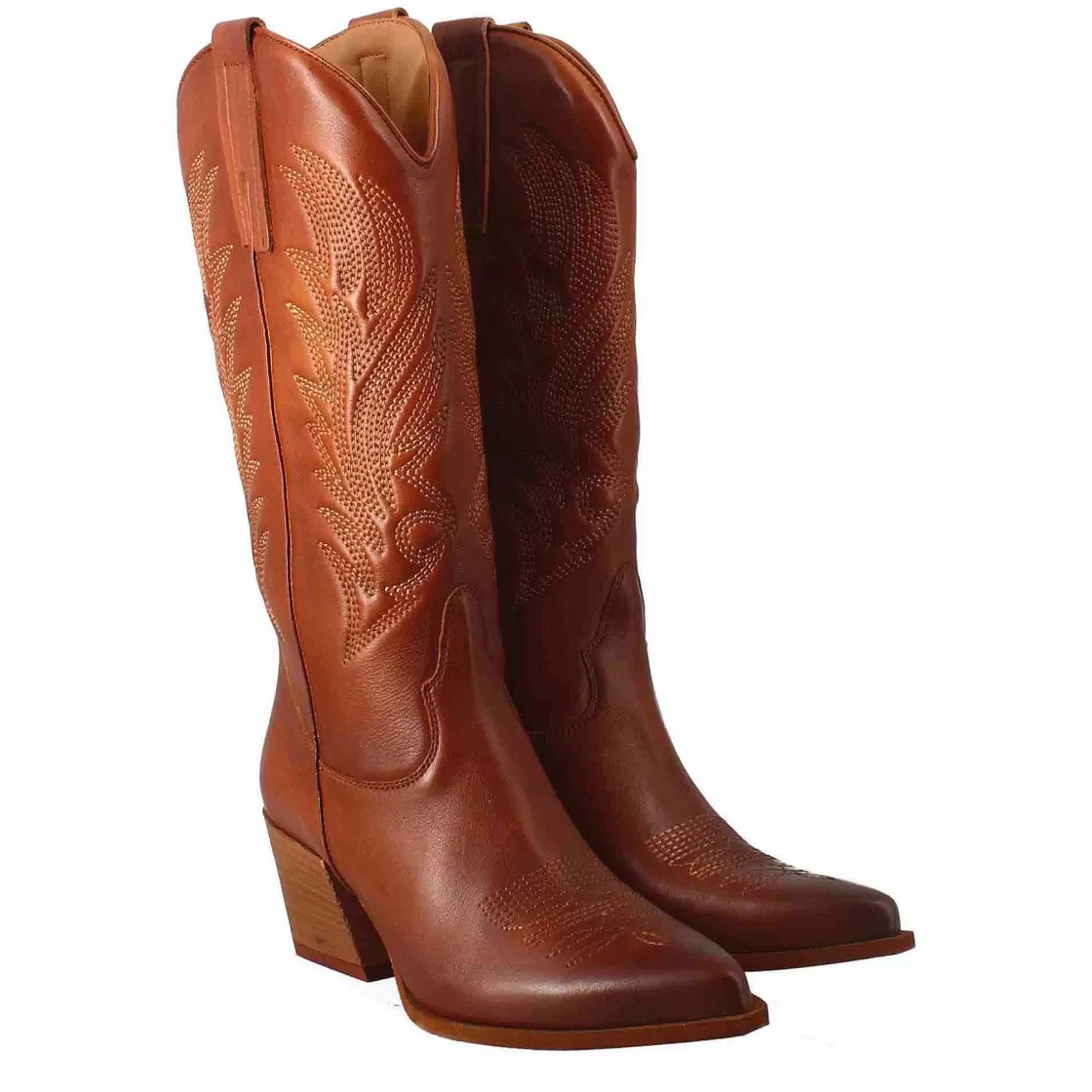 Leonardo Women'S Medium Texan Boots In Brown Leather With Embroidery. Clearance
