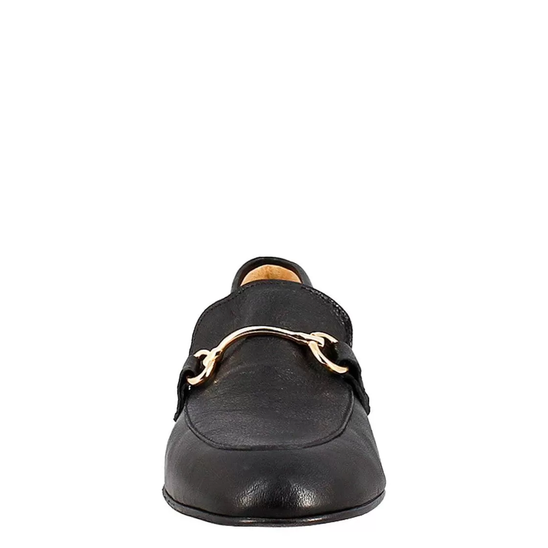 Leonardo Women'S Moccasin In Black Leather With Gold Clamp Online