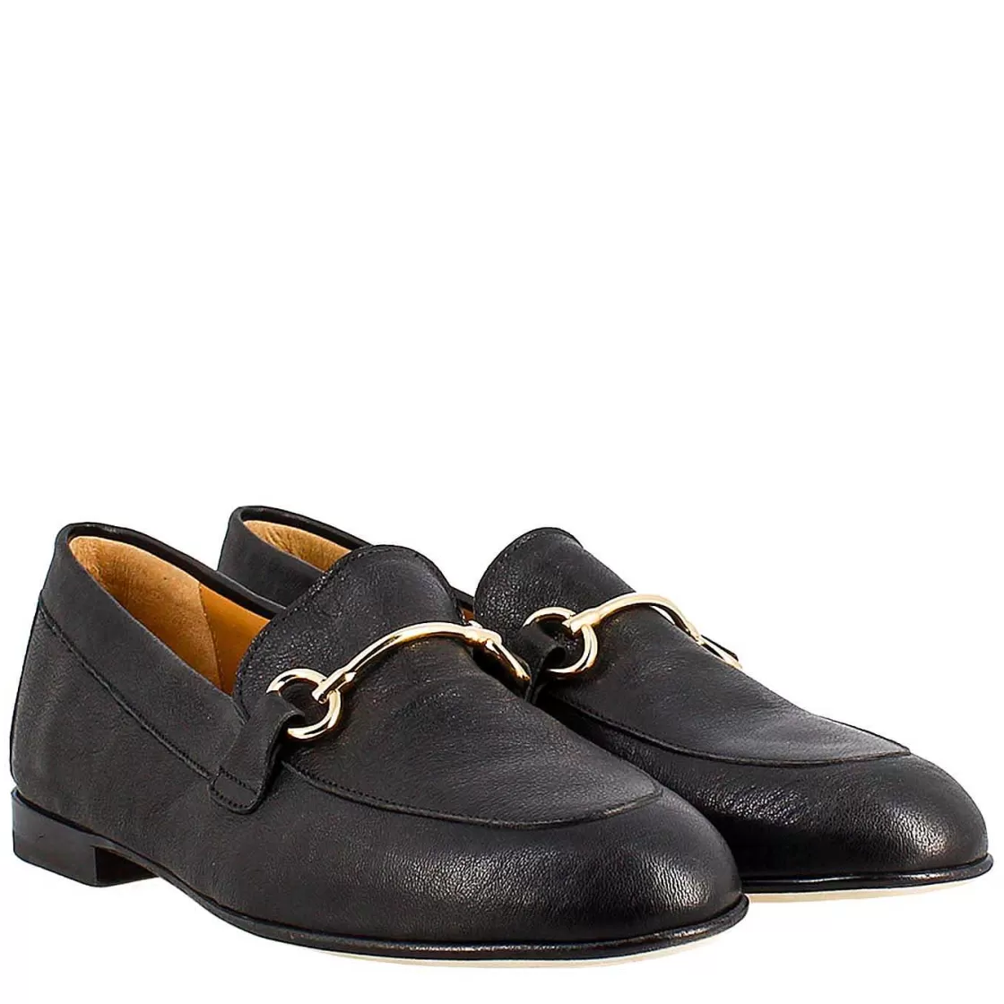 Leonardo Women'S Moccasin In Black Leather With Gold Clamp Online