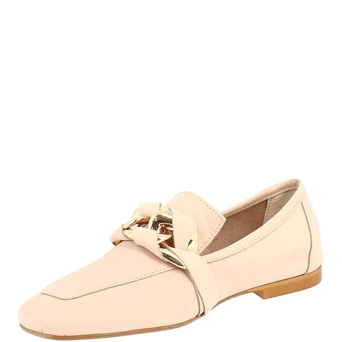 Leonardo Women'S Moccasin In Blush-Colored Nubuck Handmade With Decorated Clamp. Clearance