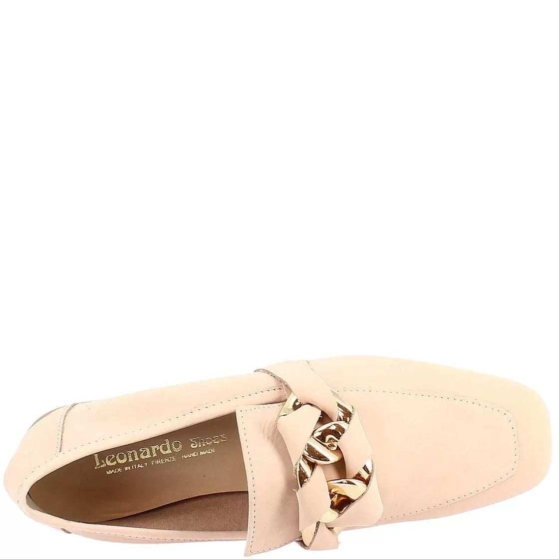 Leonardo Women'S Moccasin In Blush-Colored Nubuck Handmade With Decorated Clamp. Clearance
