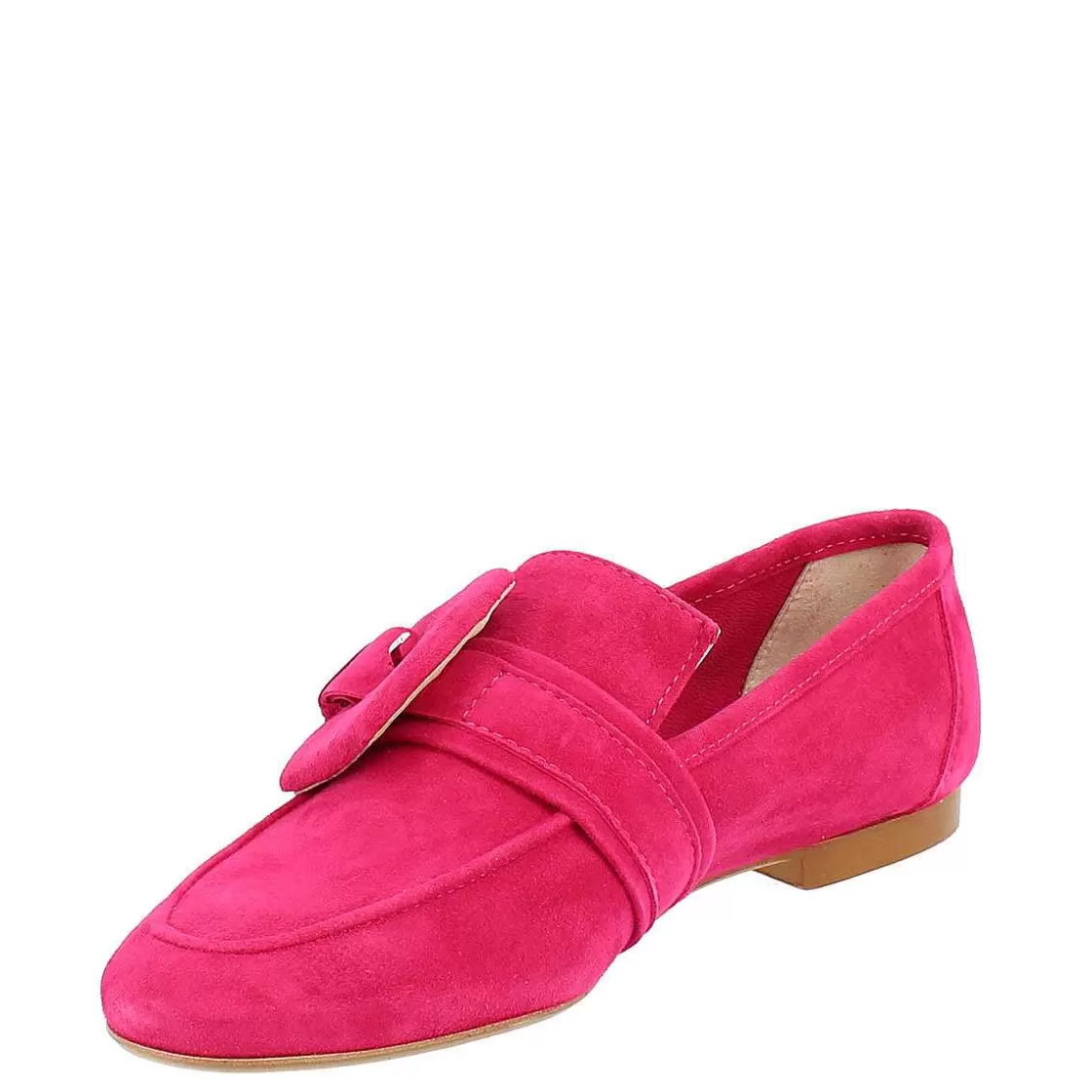Leonardo Women'S Moccasin In Fuchsia Suede Handmade With Wrapped Buckle. Hot