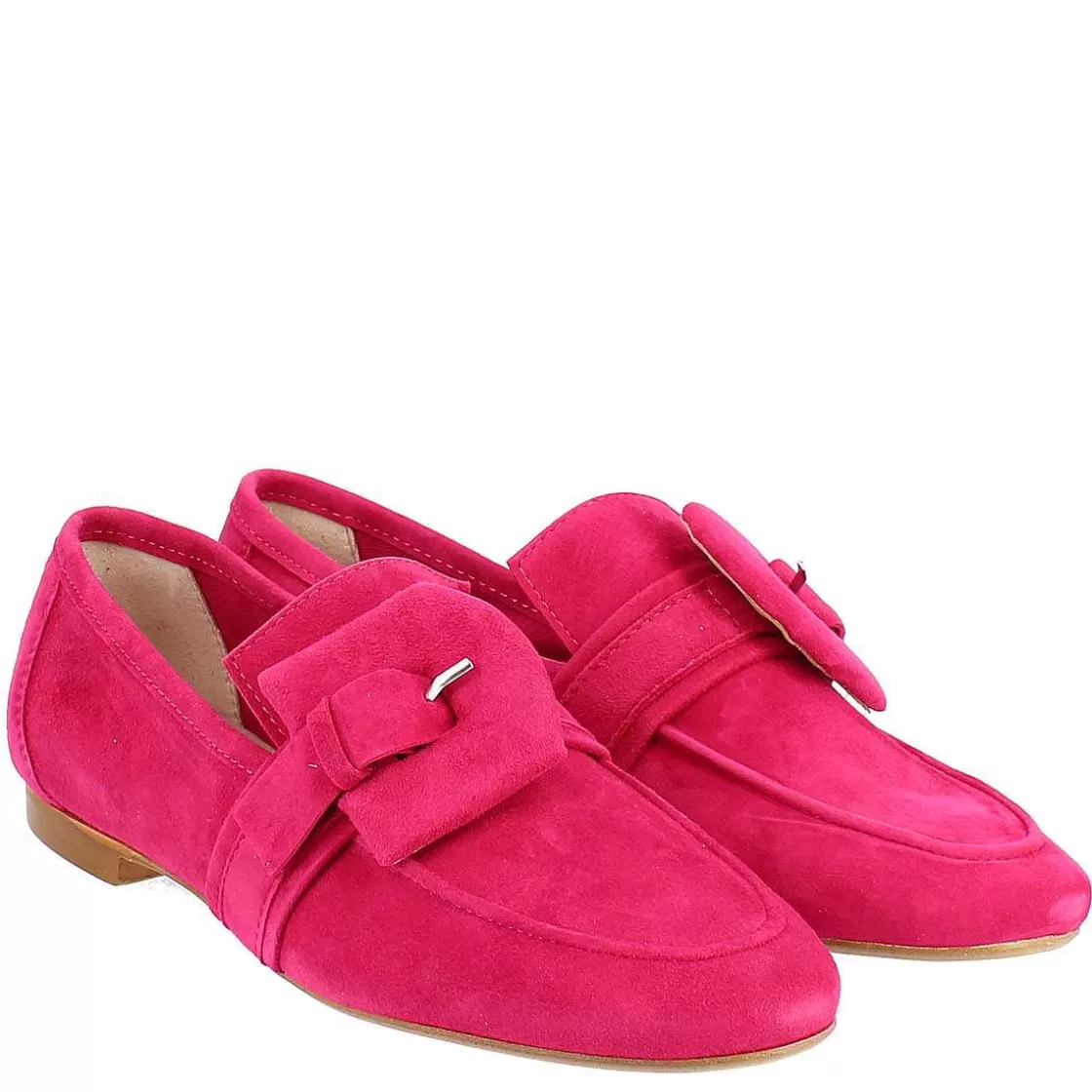Leonardo Women'S Moccasin In Fuchsia Suede Handmade With Wrapped Buckle. Hot