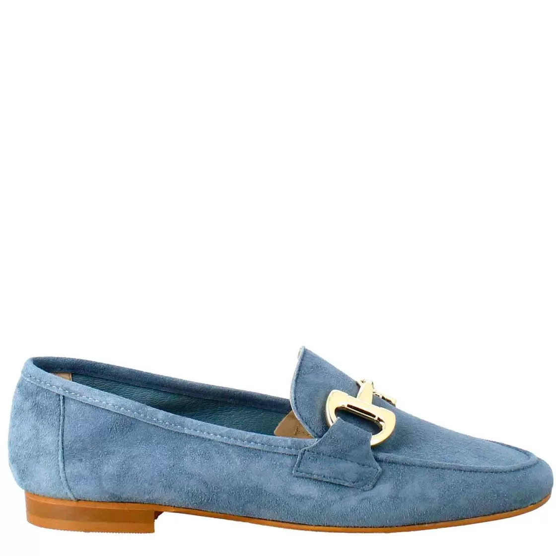 Leonardo Women'S Moccasin In Light Blue Suede With Gold Buckle Outlet