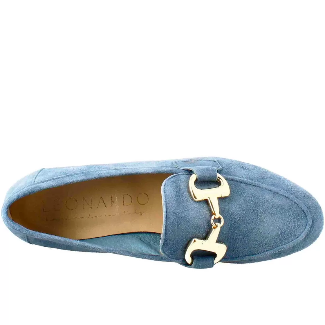 Leonardo Women'S Moccasin In Light Blue Suede With Gold Buckle Outlet