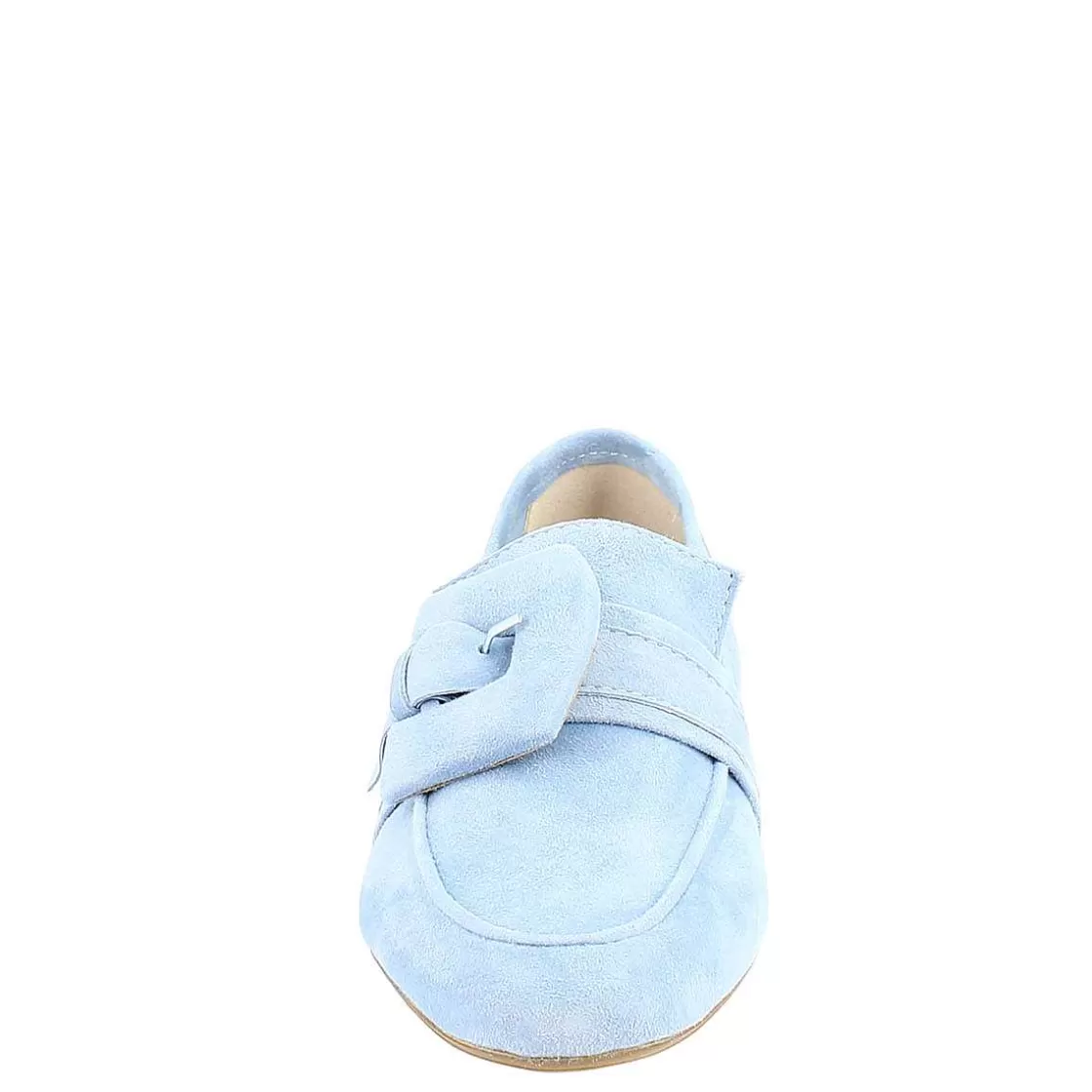 Leonardo Women'S Moccasin In Light Blue Suede With Wrapped Buckle. Outlet