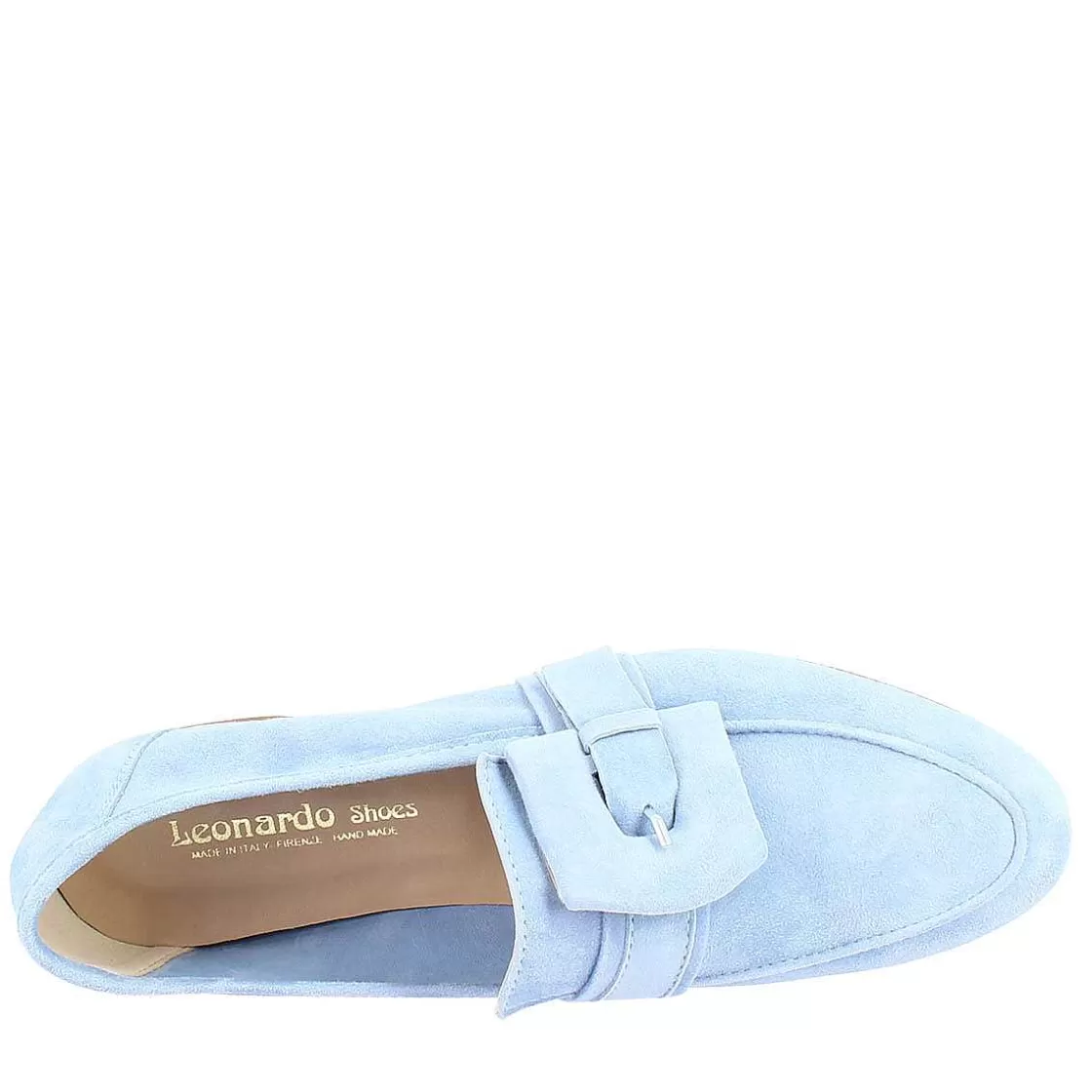 Leonardo Women'S Moccasin In Light Blue Suede With Wrapped Buckle. Outlet
