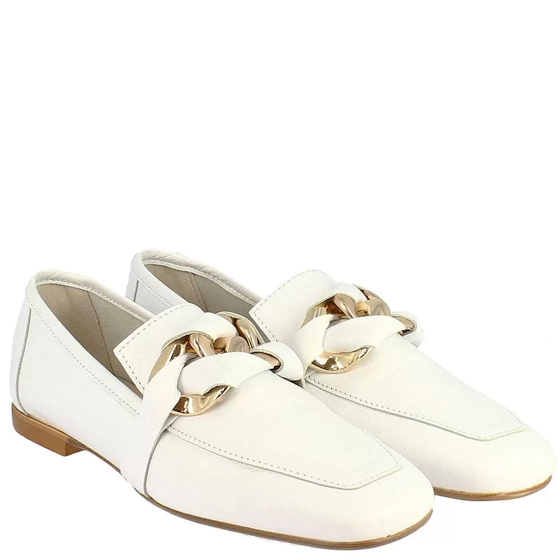 Leonardo Women'S Moccasin In White Calf Leather Handmade With Decorated Clamp. Flash Sale