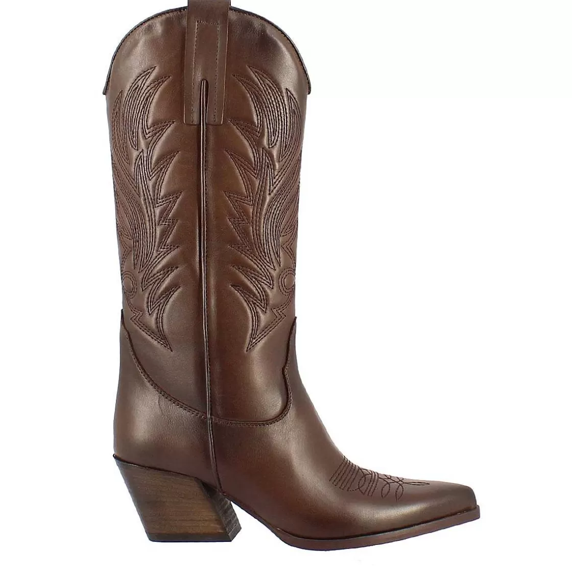 Leonardo Women'S Texan Boot In Brown Leather With Embroidery Cheap