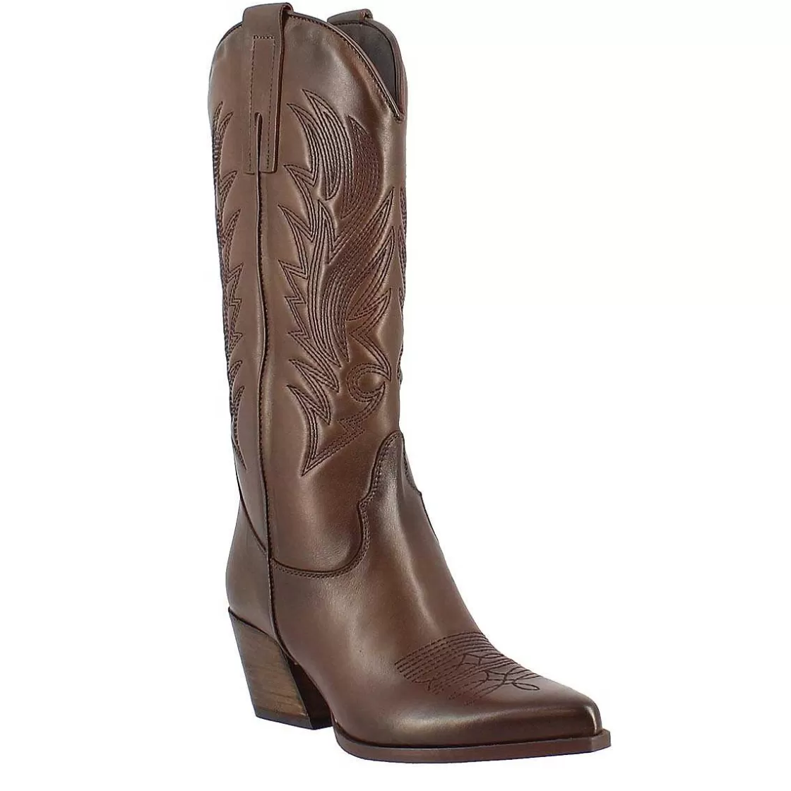 Leonardo Women'S Texan Boot In Brown Leather With Embroidery Cheap
