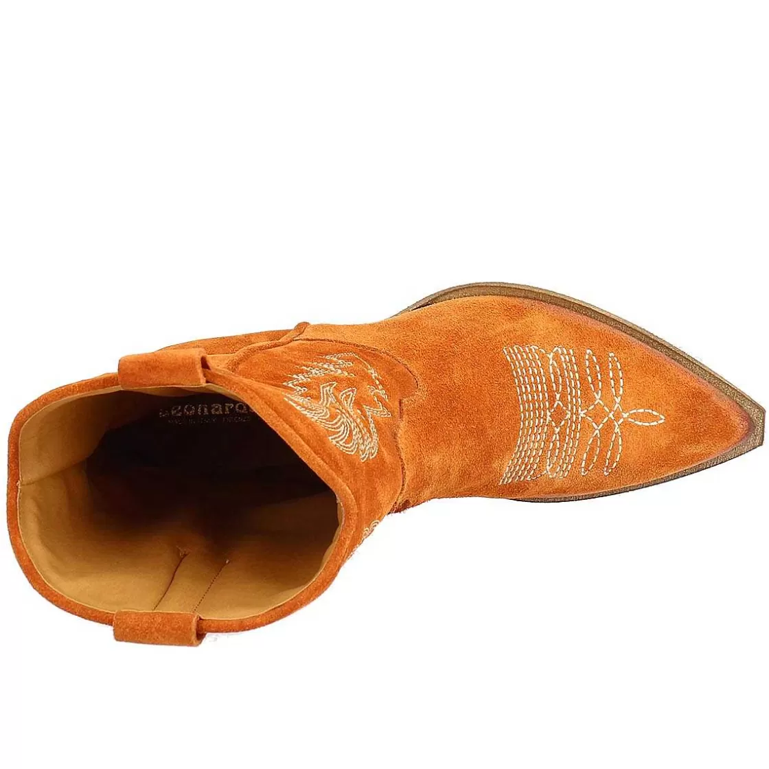 Leonardo Women'S Texan Boot In Orange Suede With Embroidery. Hot